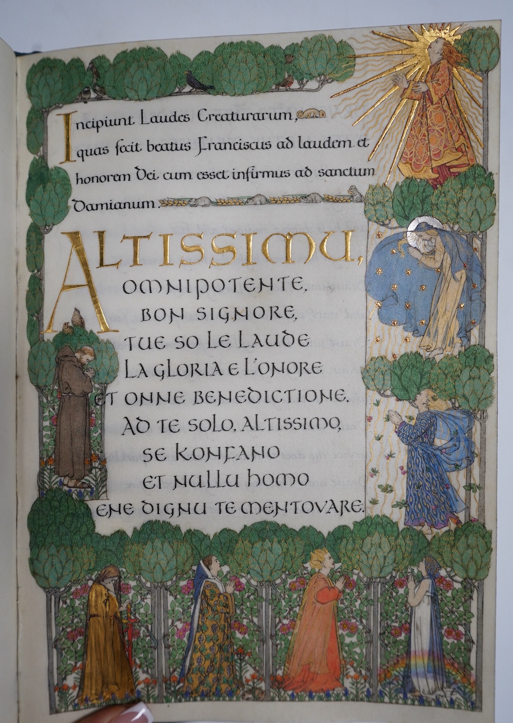 Kingsford, Florence [Lady Cockerell] (1871-1949), (illustrator), Graily Hewitt (1864-1952), (calligrapher) - Hymn of Saint Francis, with an finely executed illuminated title, the borders worked with Saint Francis and sev